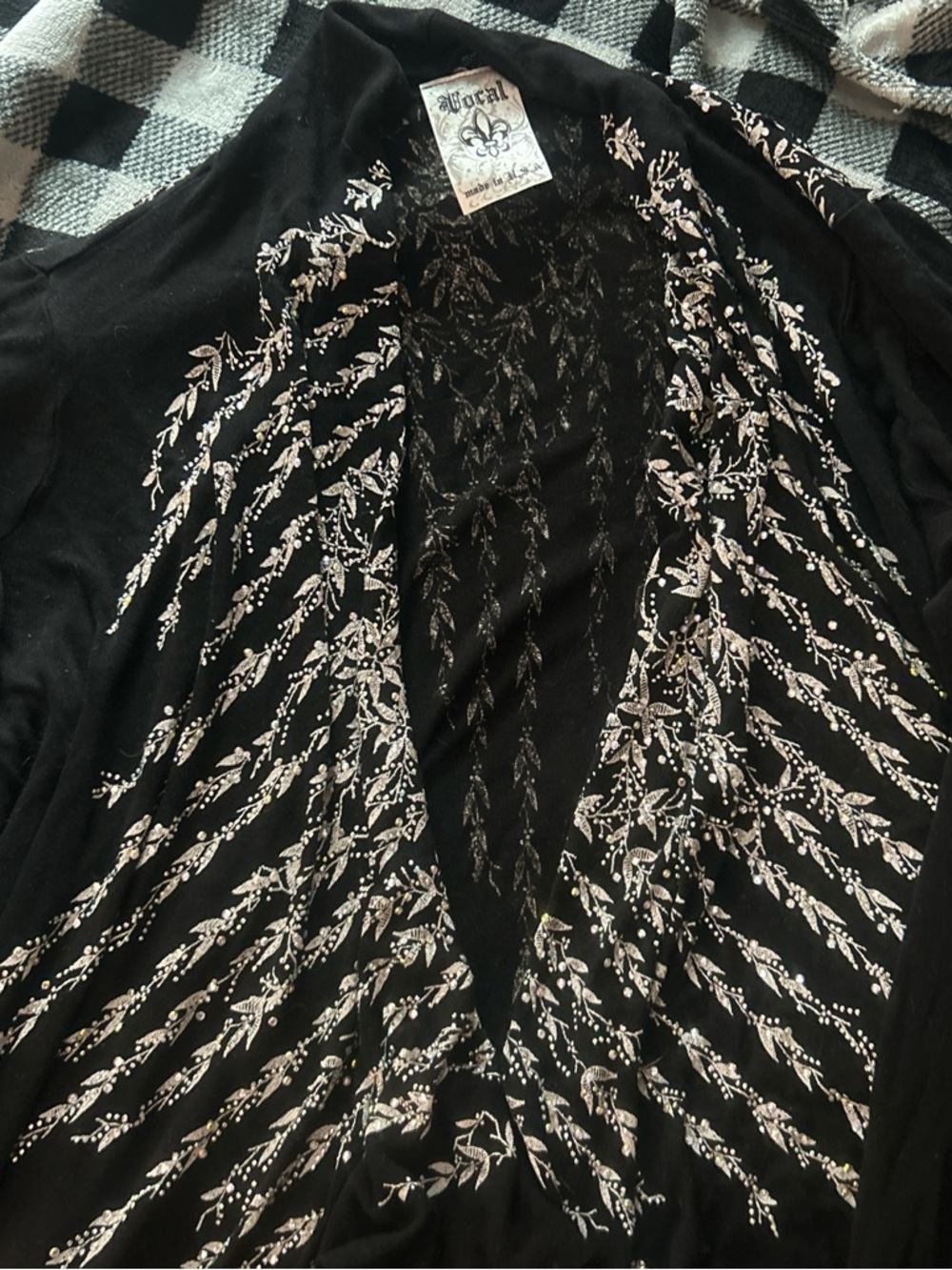 Vocal Black Cardigan with Cream Embroidered Vine Detail